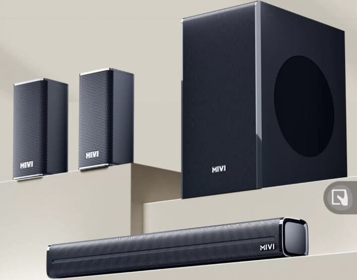 Mivi Fort 350W soundbar with five speakers and woofer setup in a modern living room.