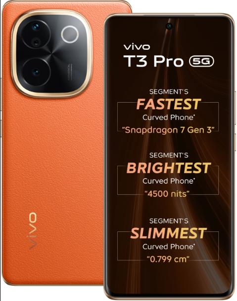 Front view of Vivo T3 Pro 5G smartphone with 6.77-inch AMOLED display