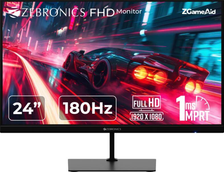 Front view of Zebronics 24-inch Full HD Gaming Monitor with frameless design.